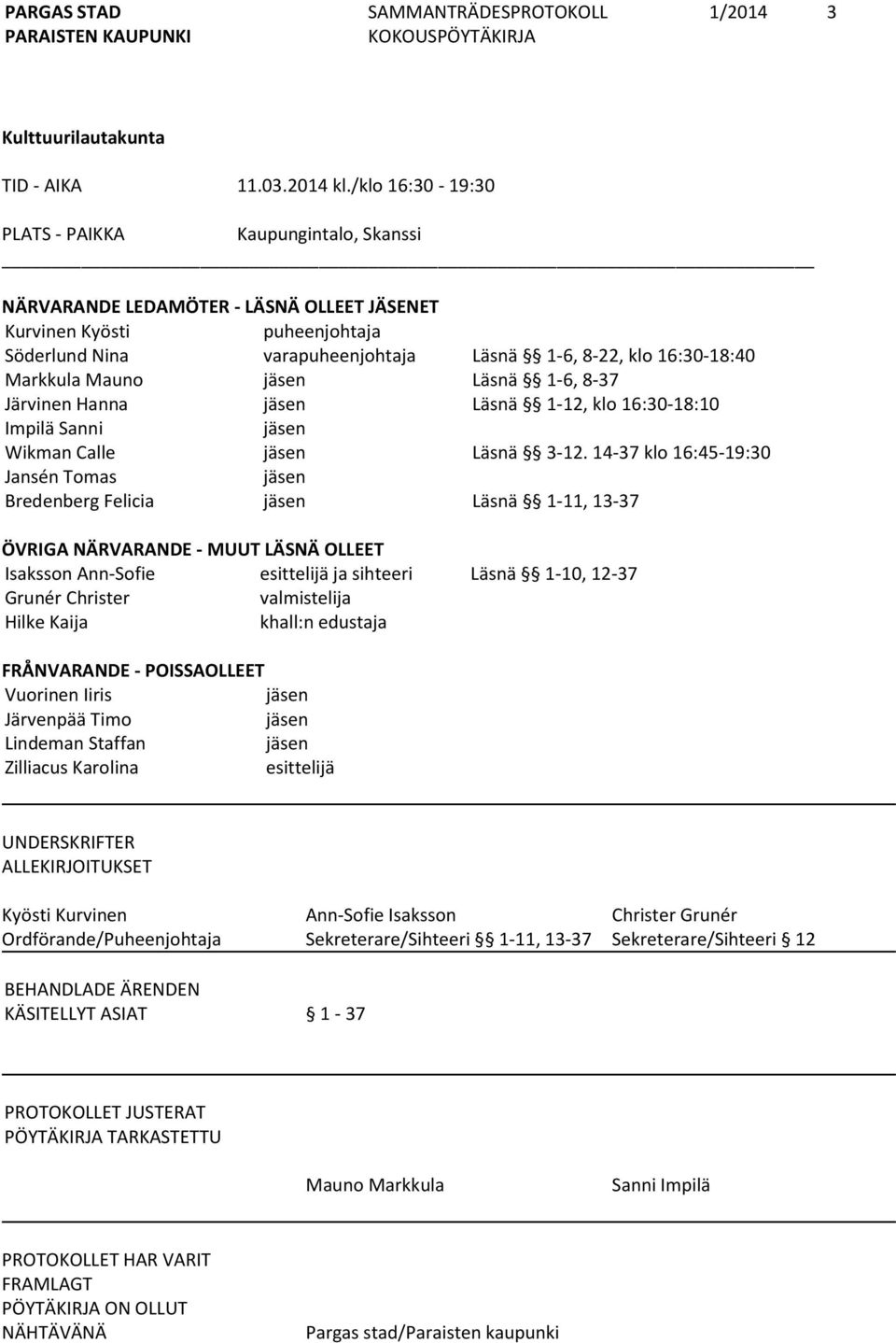 Markkula Mauno jäsen Läsnä 1-6, 8-37 Järvinen Hanna jäsen Läsnä 1-12, klo 16:30-18:10 Impilä Sanni jäsen Wikman Calle jäsen Läsnä 3-12.