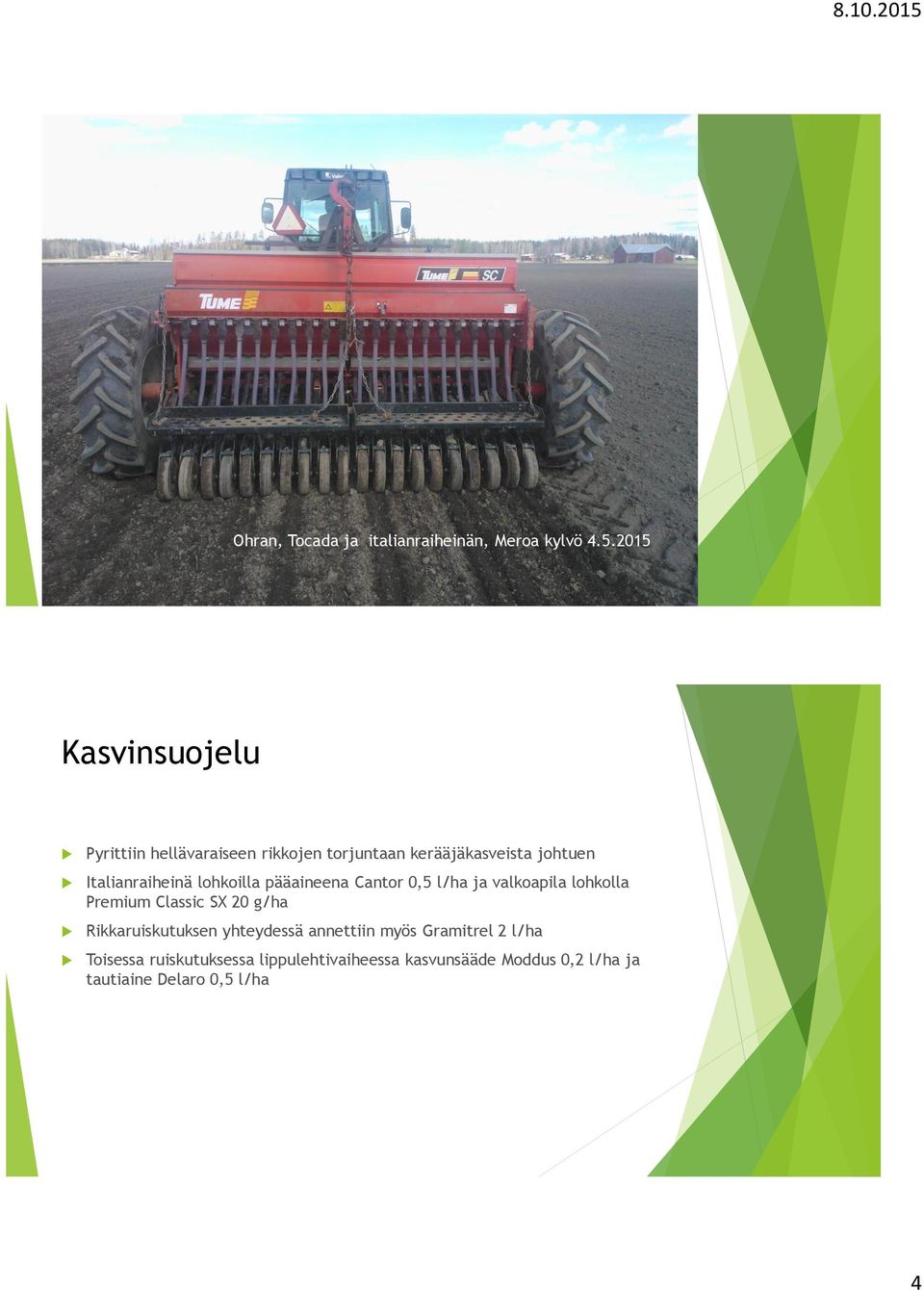 Italianraiheinä lohkoilla pääaineena Cantor 0,5 l/ha ja valkoapila lohkolla Premium Classic SX 20