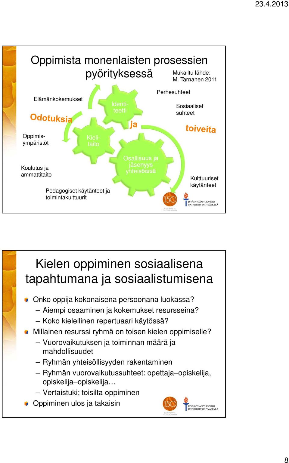 jäsenyys yhteisöissä Kulttuuriset käytänteet Kielen oppiminen sosiaalisena tapahtumana ja sosiaalistumisena Onko oppija kokonaisena persoonana luokassa?