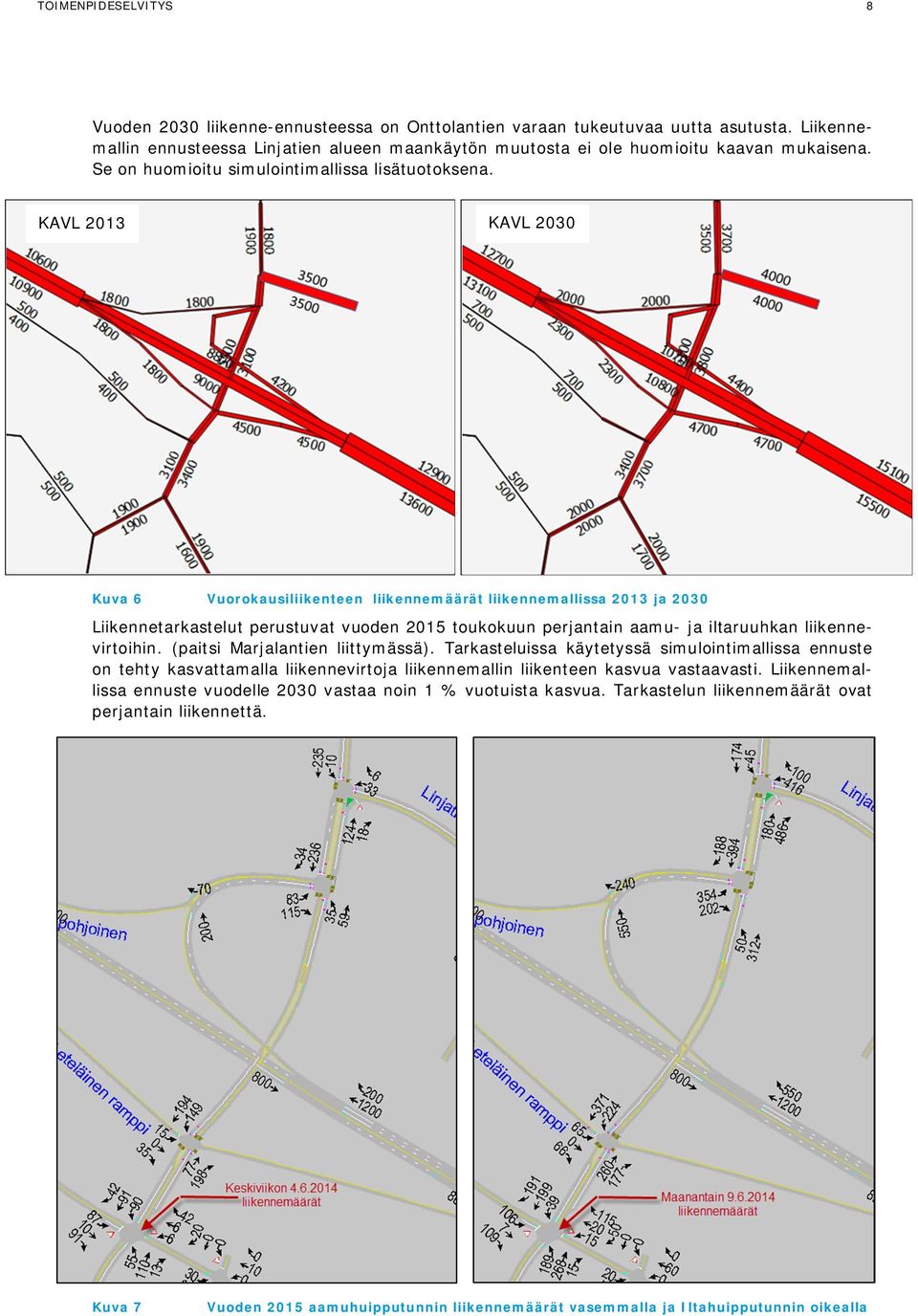 KAVL 2013 KAVL 2030 Kuva 6 Vuorokausiliikenteen liikennemäärät liikennemallissa 2013 ja 2030 Liikennetarkastelut perustuvat vuoden 2015 toukokuun perjantain aamu- ja iltaruuhkan liikennevirtoihin.