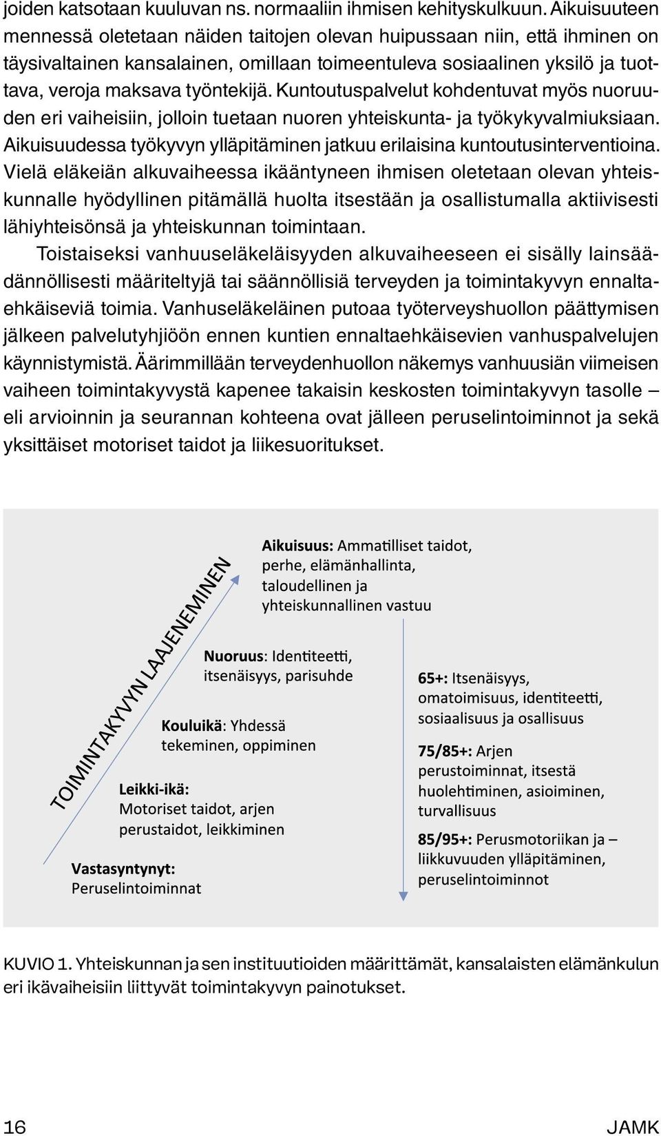 Kuntoutuspalvelut kohdentuvat myös nuoruuden eri vaiheisiin, jolloin tuetaan nuoren yhteiskunta- ja työkykyvalmiuksiaan. Aikuisuudessa työkyvyn ylläpitäminen jatkuu erilaisina kuntoutusinterventioina.