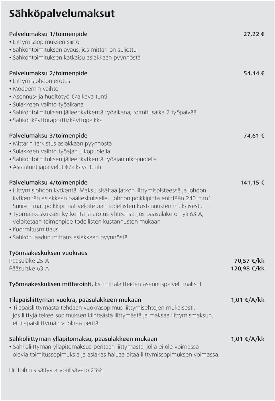 Sähkönkäyttöraportti/käyttöpaikka Palvelumaksu 3/toimenpide 74,61 Mittarin tarkistus asiakkaan pyynnöstä Sulakkeen vaihto työajan ulkopuolella Sähköntoimituksen jälleenkytkentä työajan ulkopuolella