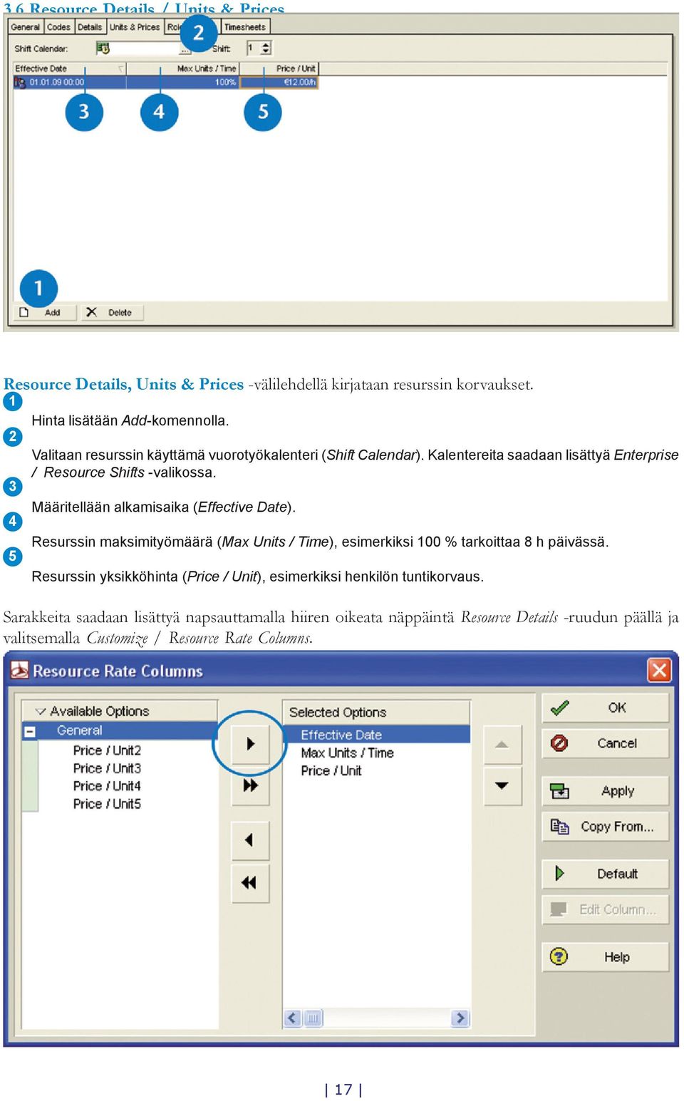 Määritellään alkamisaika (Effective Date). Resurssin maksimityömäärä (Max Units / Time), esimerkiksi 00 % tarkoittaa 8 h päivässä.