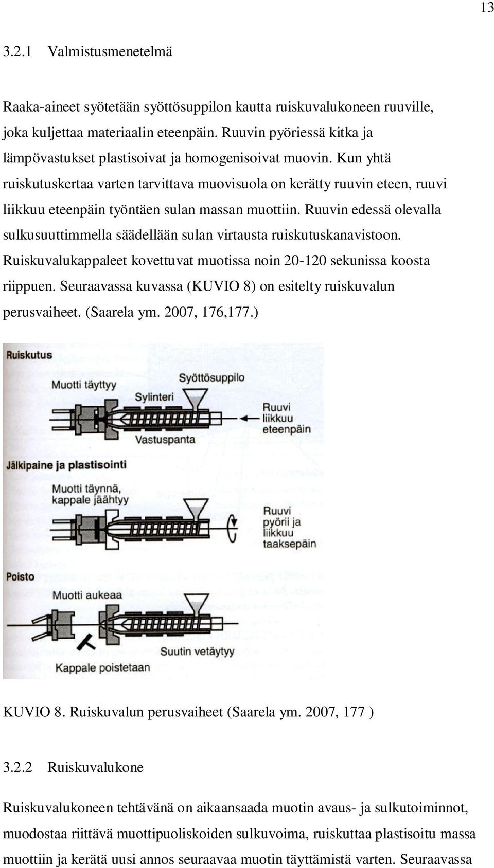 Kun yhtä ruiskutuskertaa varten tarvittava muovisuola on kerätty ruuvin eteen, ruuvi liikkuu eteenpäin työntäen sulan massan muottiin.