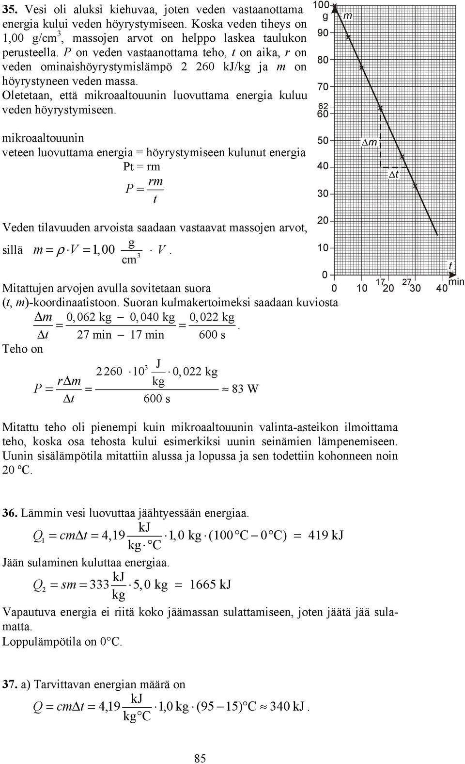 g 9 8 7 6 6 m mikroaaltouunin veteen luovuttama energia = höyrystymiseen kulunut energia Pt = rm rm P = t Veden tilavuuden arvoista saadaan vastaavat massojen arvot, g sillä m= ρ V =, V.