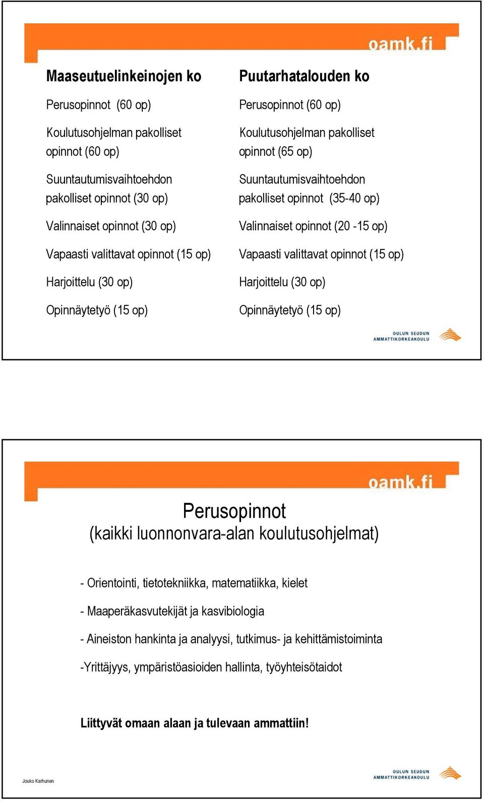 opinnot (20-15 op) Vapaasti valittavat opinnot (15 op) Harjoittelu (30 op) Opinnäytetyö (15 op) Perusopinnot (kaikki luonnonvara-alan koulutusohjelmat) - Orientointi, tietotekniikka, matematiikka,