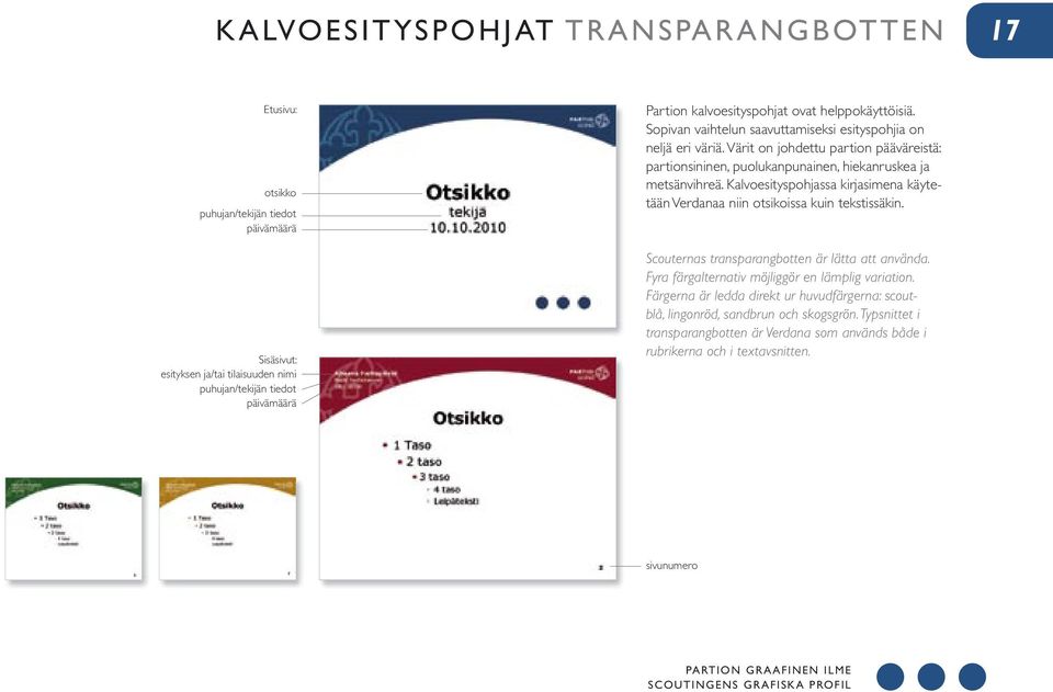 Värit on johdettu partion pääväreistä: partionsininen, puolukanpunainen, hiekanruskea ja metsänvihreä. Kalvoesityspohjassa kirjasimena käytetään Verdanaa niin otsikoissa kuin tekstissäkin.