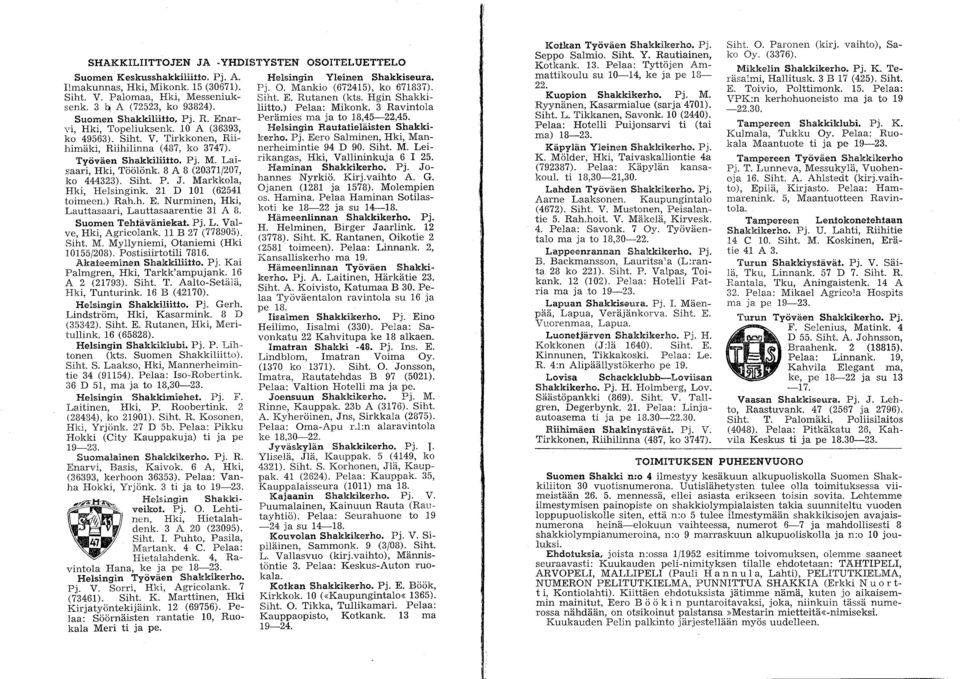 Markkla, Hki, Helsingink. 2 D 0 (6254 timeen.) Rah.h. E. Nurminen, Hki, Lauttasaari, Lauttasaarentie 3 A 8. Sumen Tehtäväniekat. Pj. L. Valve, Hki, Agriclank. B 27 (778905). Slht. M.