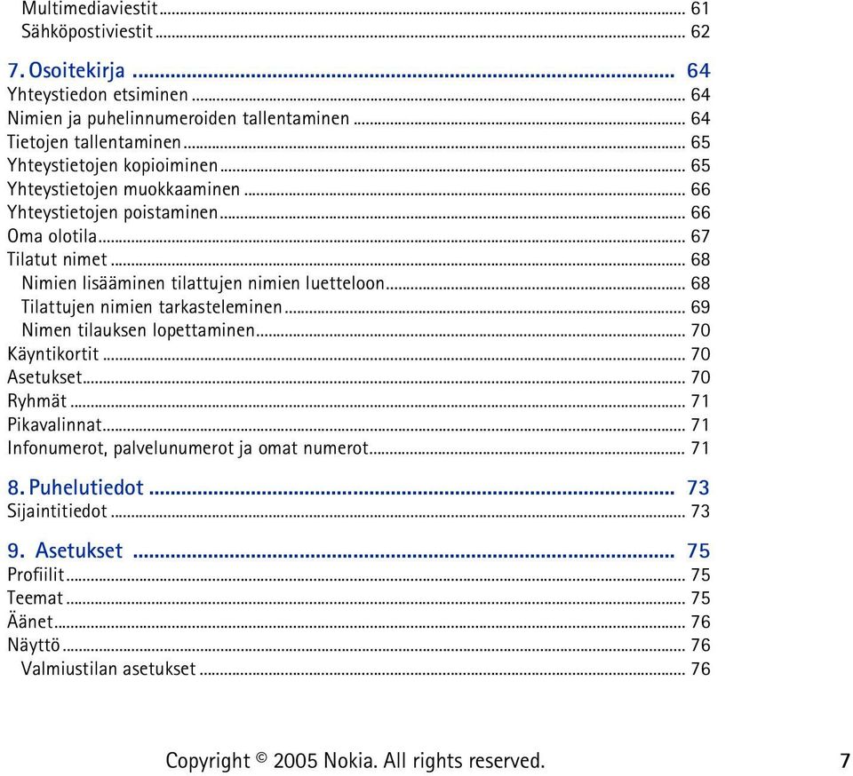 .. 68 Nimien lisääminen tilattujen nimien luetteloon... 68 Tilattujen nimien tarkasteleminen... 69 Nimen tilauksen lopettaminen... 70 Käyntikortit... 70 Asetukset... 70 Ryhmät.