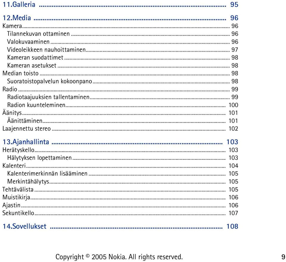 .. 100 Äänitys... 101 Äänittäminen... 101 Laajennettu stereo... 102 13.Ajanhallinta... 103 Herätyskello... 103 Hälytyksen lopettaminen... 103 Kalenteri.