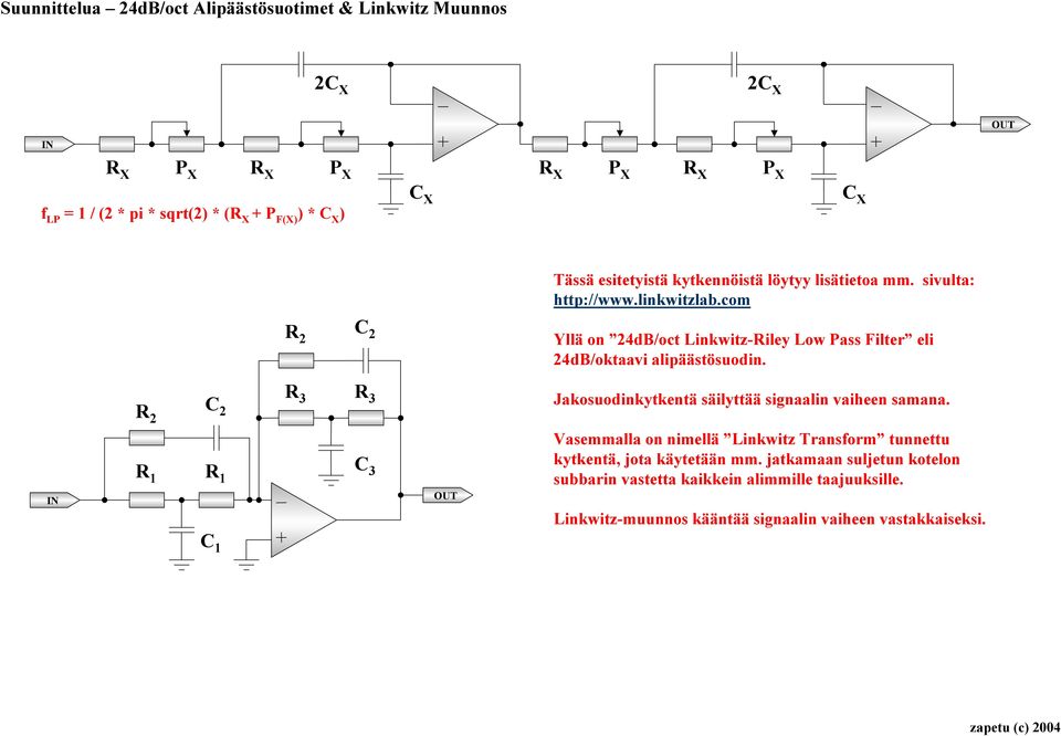 com Yllä on 24dB/oct Linkwitz-Riley Low Pass Filter eli 24dB/oktaavi alipäästösuodin. R 2 C 2 R 3 R 3 Jakosuodinkytkentä säilyttää signaalin vaiheen samana.