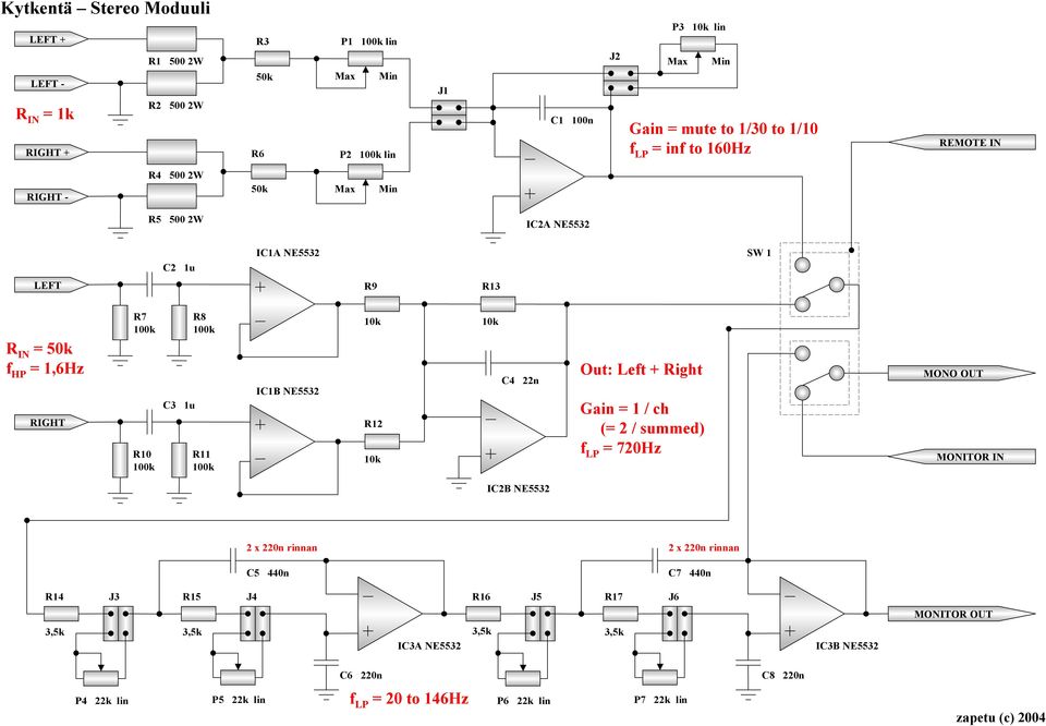 IC1B NE5532 10k R12 10k 10k C4 22n Out: Left + Right Gain = 1 / ch (= 2 / summed) f LP = 720Hz MONO MONITOR IC2B NE5532 2 x 220n rinnan 2 x 220n rinnan