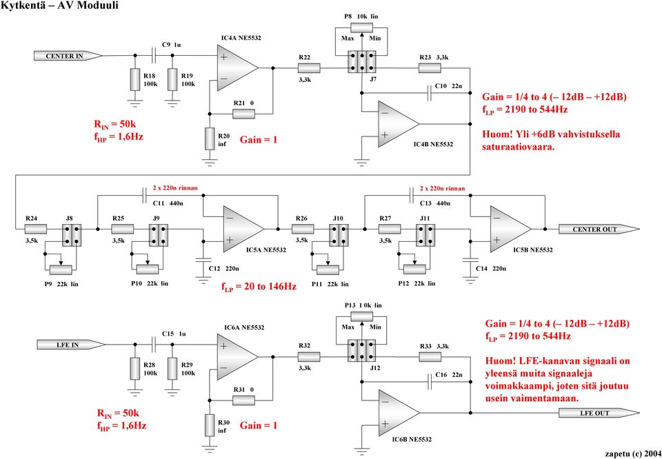 2 x 220n rinnan 2 x 220n rinnan C11 440n C13 440n R24 J8 R25 J9 R26 J10 R27 J11 CENTER IC5A NE5532 IC5B NE5532 C12 220n C14 220n P9 22k lin P10 22k lin f LP = 20 to 146Hz P11 22k lin