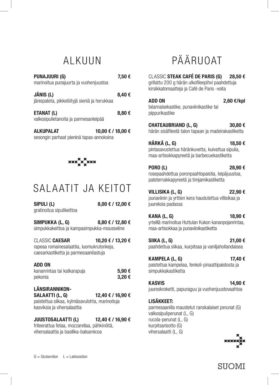 CAESAR 10,20 / 13,20 rapeaa romainesalaattia, luomukrutonkeja, caesarkastiketta ja parmesaanilastuja kananrintaa tai katkarapuja 5,90 pekonia 3,20 LÄNSIRANNIKON- SALAATTI (L, G) 12,40 / 16,90