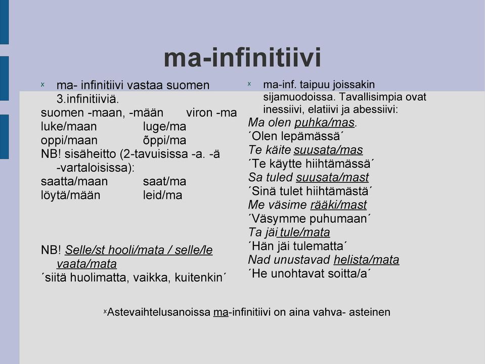 taipuu joissakin sijamuodoissa. Tavallisimpia ovat inessiivi, elatiivi ja abessiivi: Ma olen puhka/mas.