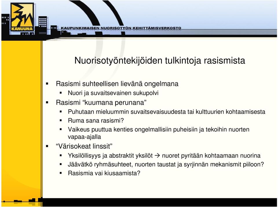 Vaikeus puuttua kenties ongelmallisiin puheisiin ja tekoihin nuorten vapaa ajalla Värisokeat linssit Yksilöllisyys ja