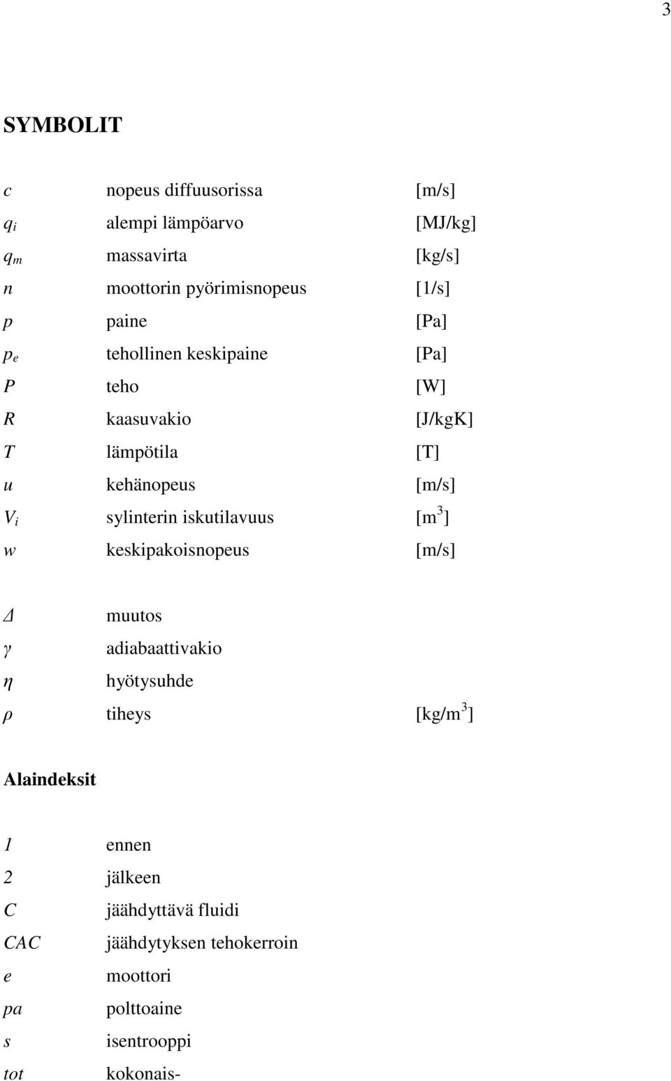 sylinterin iskutilavuus [m 3 ] w keskipakoisnopeus [m/s] muutos γ adiabaattivakio η hyötysuhde ρ tiheys [kg/m 3 ]