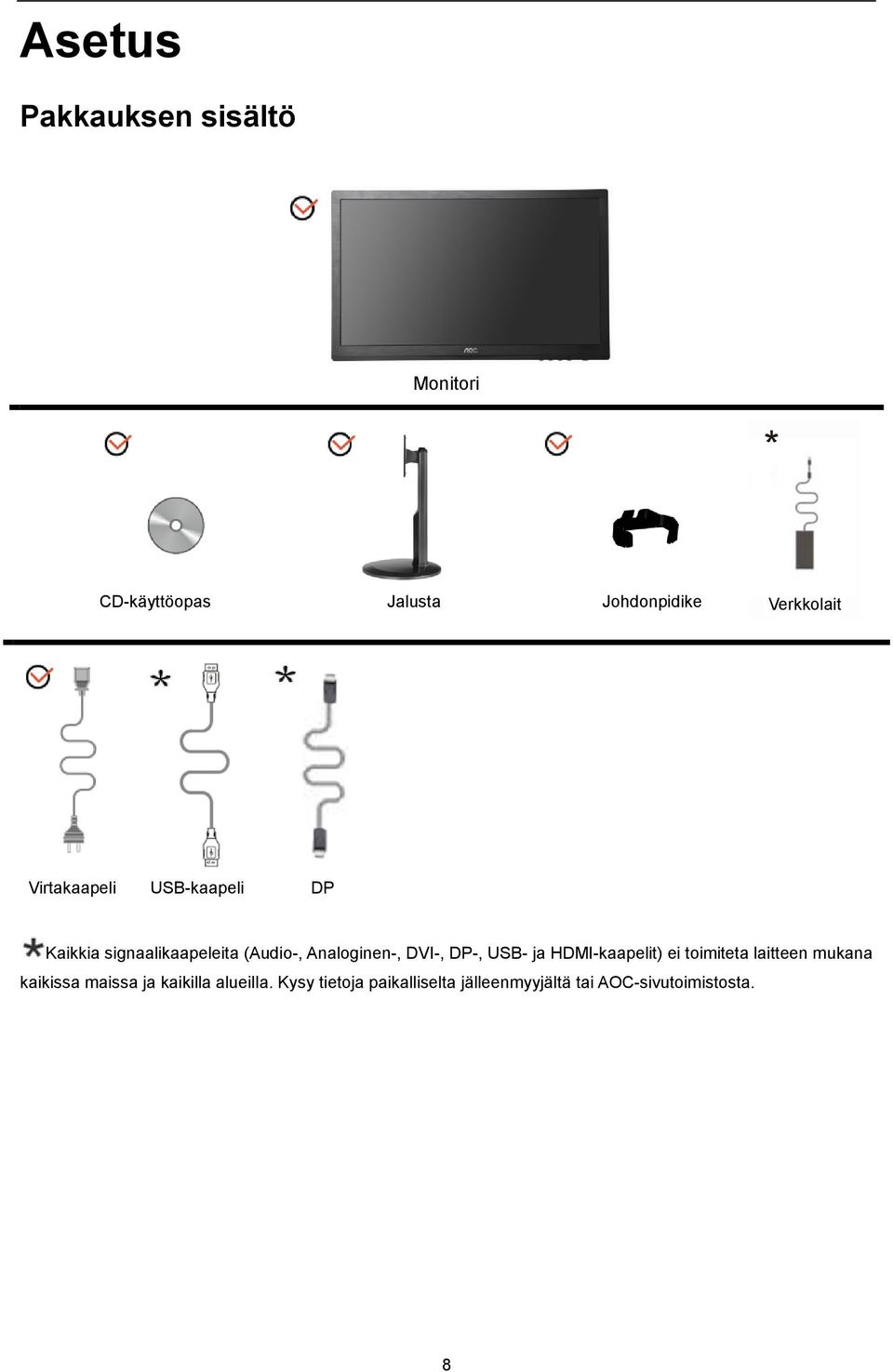 DVI-, DP-, USB- ja HDMI-kaapelit) ei toimiteta laitteen mukana kaikissa maissa ja