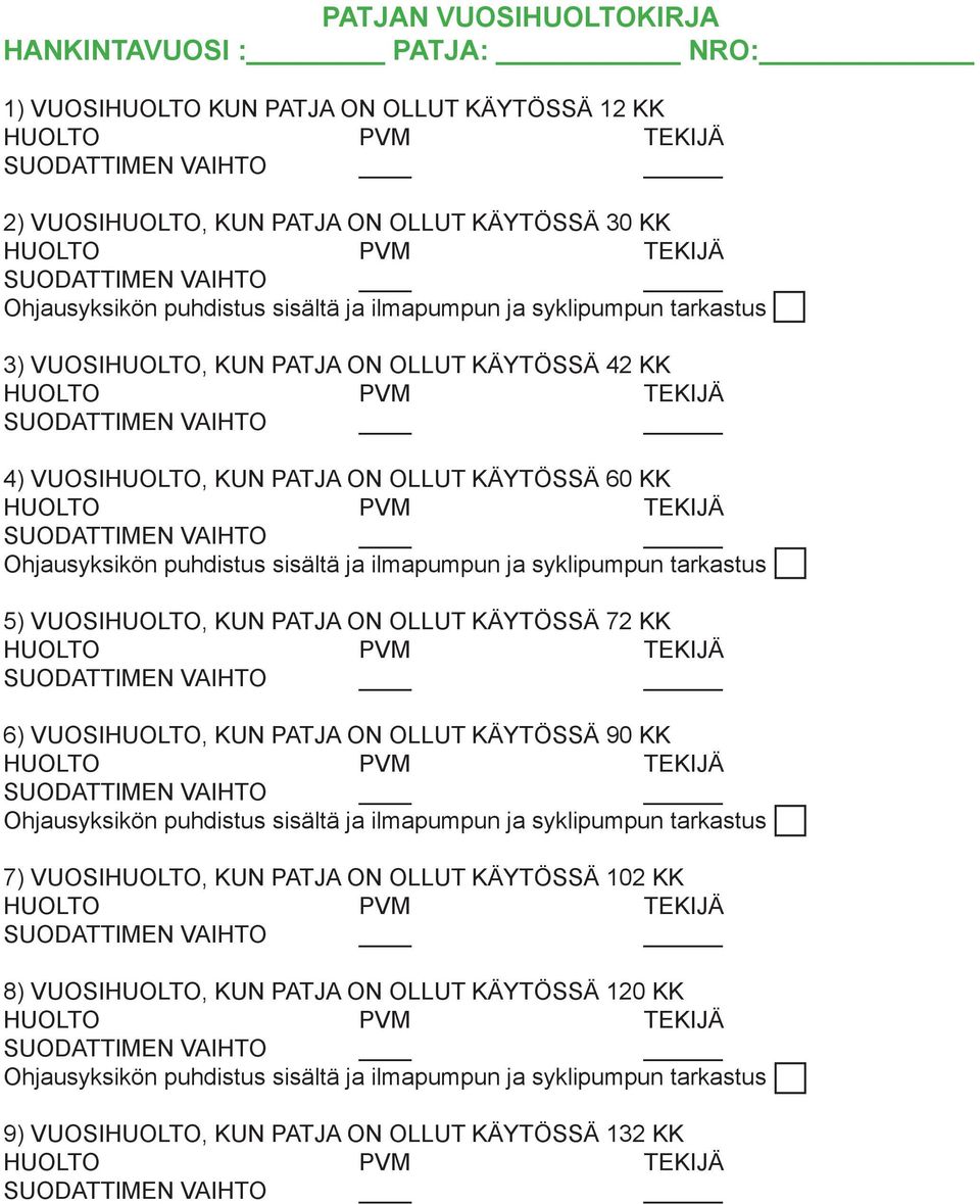 5) VUOSIHUOLTO, KUN PATJA ON OLLUT KÄYTÖSSÄ 72 KK 6) VUOSIHUOLTO, KUN PATJA ON OLLUT KÄYTÖSSÄ 90 KK Ohjausyksikön puhdistus sisältä ja ilmapumpun ja syklipumpun tarkastus 7) VUOSIHUOLTO, KUN PATJA