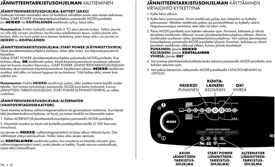 Huomautus: Erittäin kylmällä säällä (alle 5 ºC) akun jännite laskee. Tällöin jännite voi olla alle vihreän jännitteen merkkivalon edellyttämän tason, vaikka jännite olisi korkea.