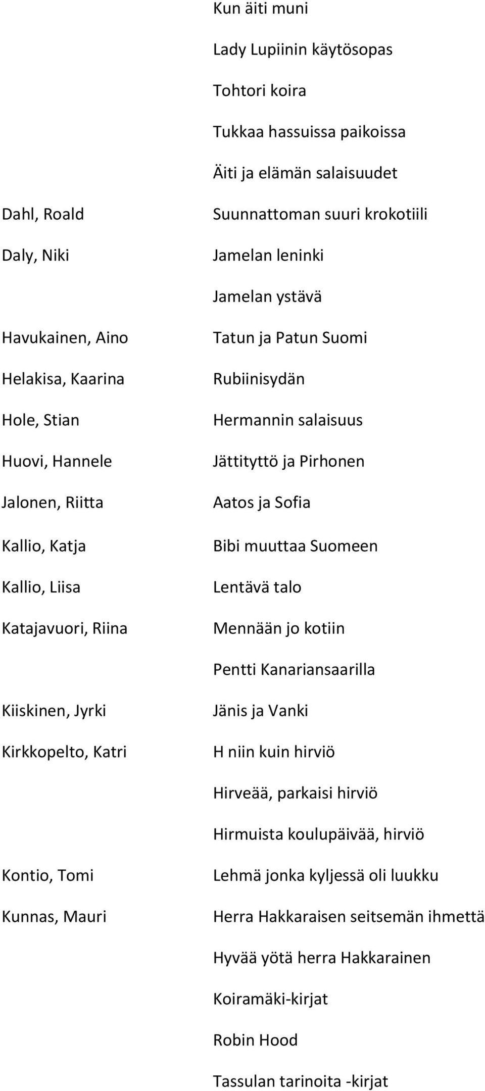 Pirhonen Aatos ja Sofia Bibi muuttaa Suomeen Lentävä talo Mennään jo kotiin Pentti Kanariansaarilla Kiiskinen, Jyrki Kirkkopelto, Katri Jänis ja Vanki H niin kuin hirviö Hirveää, parkaisi hirviö