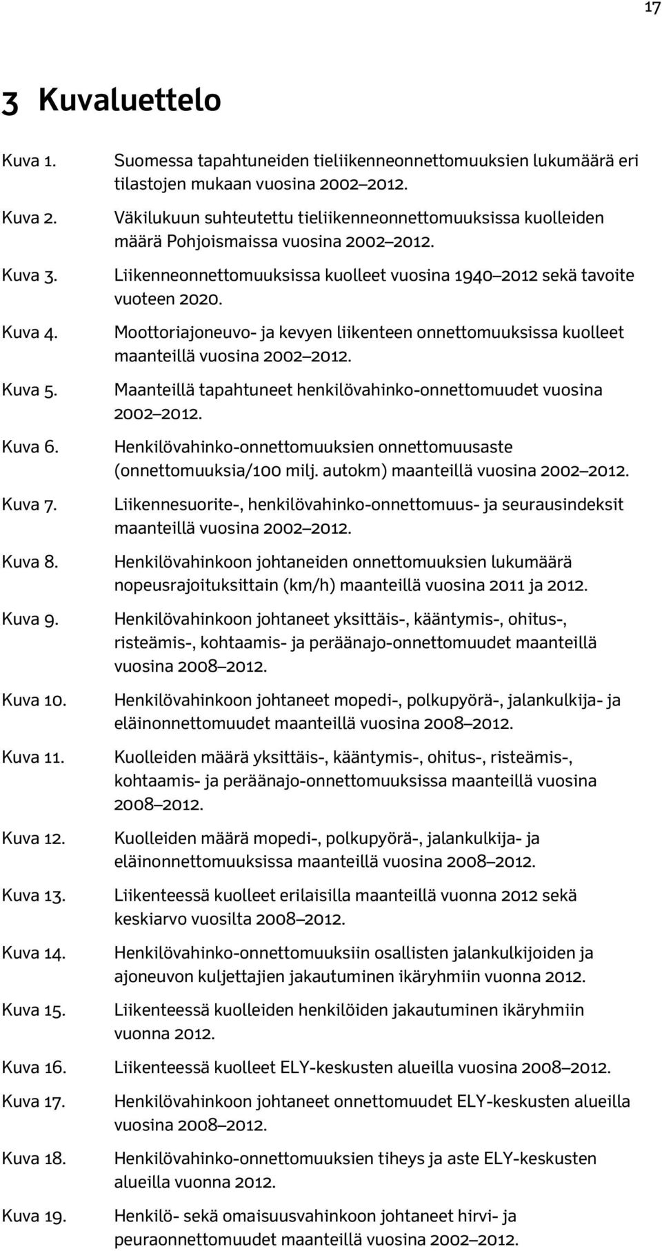 Väkilukuun suhteutettu tieliikenneonnettomuuksissa kuolleiden määrä Pohjoismaissa vuosina 2002 2012. Liikenneonnettomuuksissa kuolleet vuosina 1940 2012 sekä tavoite vuoteen 2020.