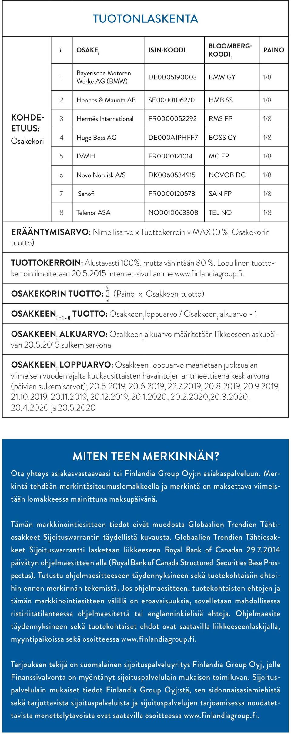 NO0010063308 TEL NO 1/8 ERÄÄNTYMISARVO: Nimellisarvo x Tuottokerroin x MAX (0 %; Osakekorin tuotto) TUOTTOKERROIN: Alustavasti 100%, mutta vähintään 80 %. Lopullinen tuottokerroin ilmoitetaan 20.5.