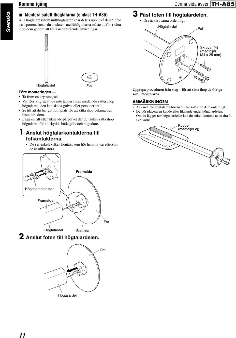 Högtalardel Fot Skruvar (4) (medföljer, M4 x 25 mm) Högtalardel Fot Före monteringen Ta fram en kryssmejsel.
