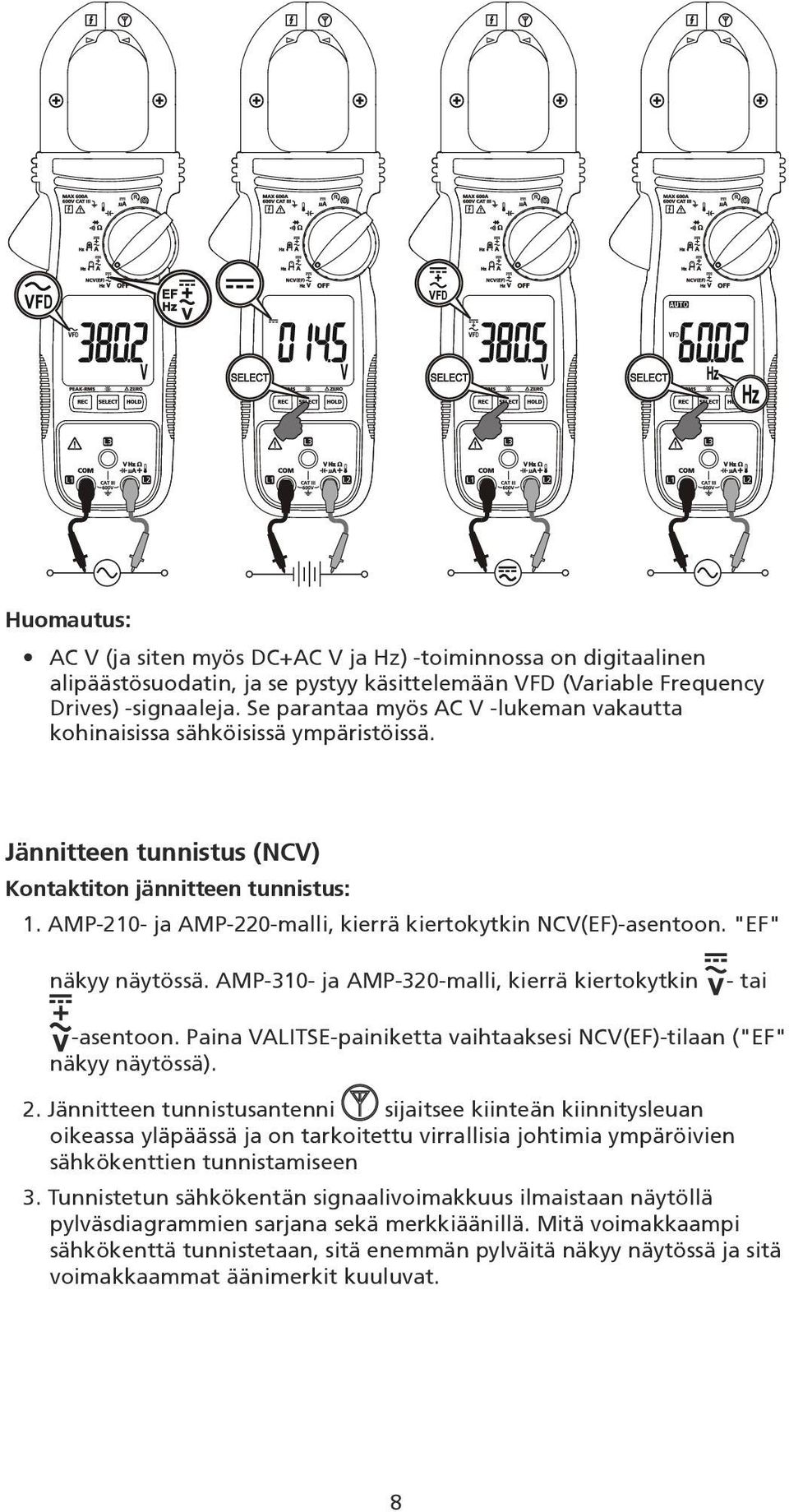 AMP-210- ja AMP-220-malli, kierrä kiertokytkin NCV(EF)-asentoon. "EF" näkyy näytössä. AMP-310- ja AMP-320-malli, kierrä kiertokytkin - tai -asentoon.