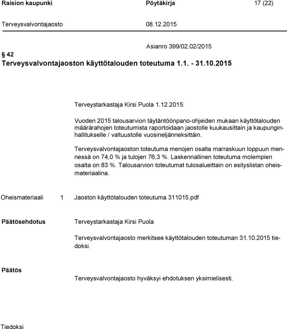 vuosineljänneksittäin. Terveysvalvontajaoston toteutuma menojen osalta marraskuun loppuun mennessä on 74,0 % ja tulojen 76,3 %. Laskennallinen toteutuma molempien osalta on 83 %.