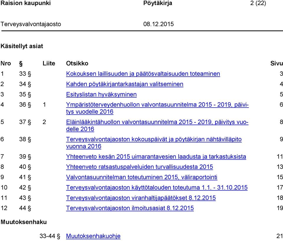 38 Terveysvalvontajaoston kokouspäivät ja pöytäkirjan nähtävilläpito vuonna 2016 7 39 Yhteenveto kesän 2015 uimarantavesien laadusta ja tarkastuksista 11 8 40 Yhteenveto ratsastuspalveluiden
