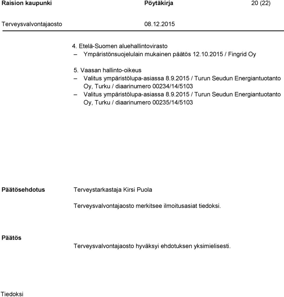 2015 / Turun Seudun Energiantuotanto Oy, Turku / diaarinumero 00234/14/5103 Valitus ympäristölupa-asiassa 8.9.