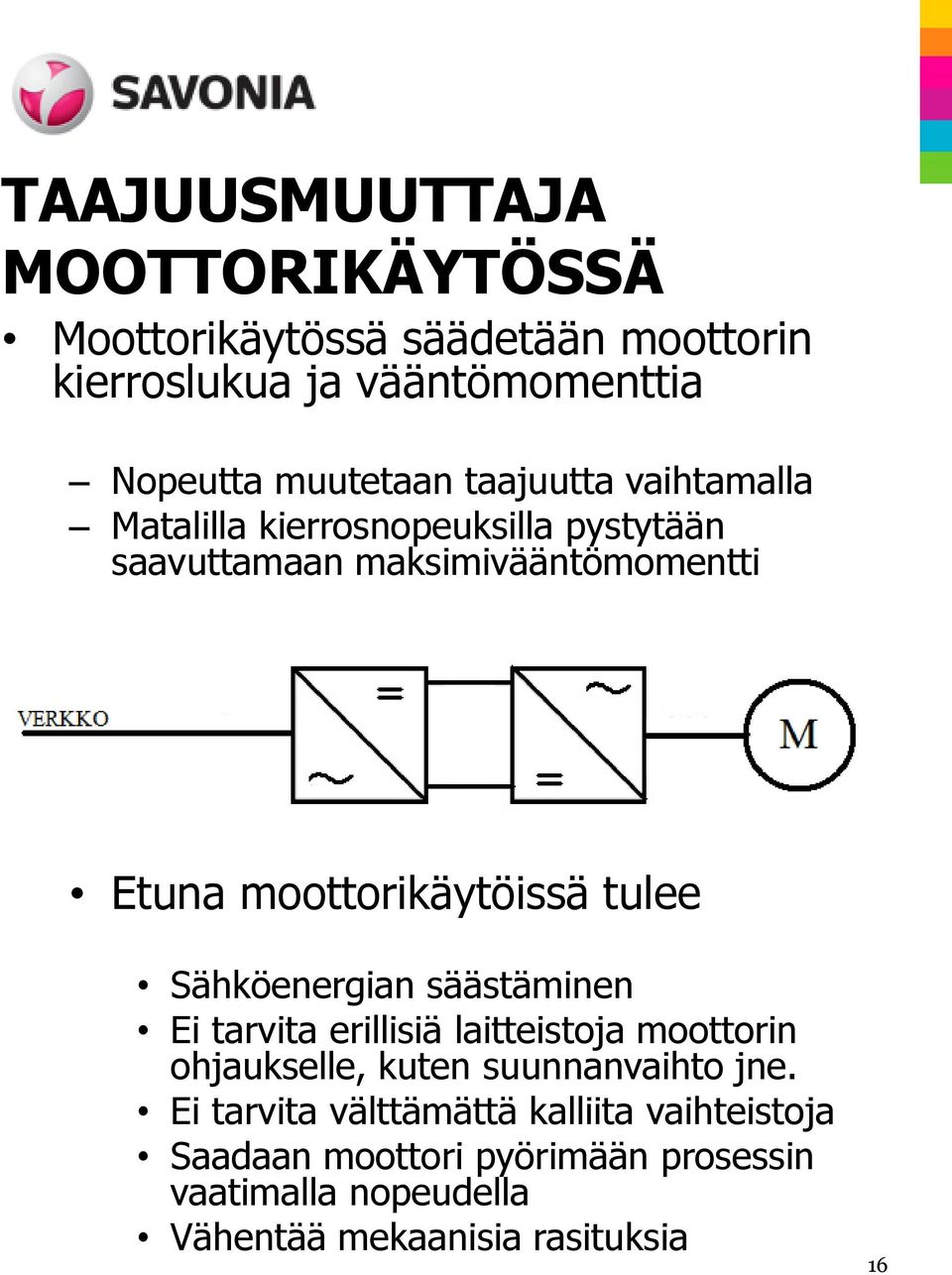 tulee Sähköenergian säästäminen Ei tarvita erillisiä laitteistoja moottorin ohjaukselle, kuten suunnanvaihto jne.
