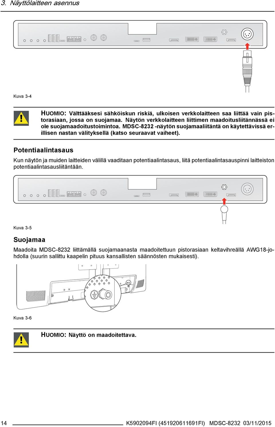 Potentiaalintasaus Kun näytön ja muiden laitteiden välillä vaaditaan potentiaalintasaus, liitä potentiaalintasauspinni laitteiston potentiaalintasausliitäntään.