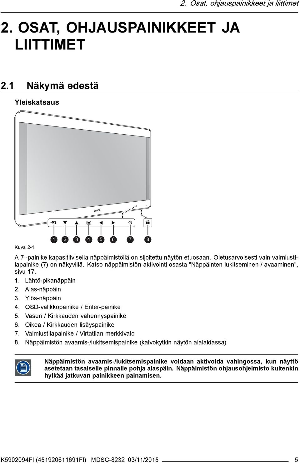 Katso näppäimistön aktivointi osasta "Näppäinten lukitseminen / avaaminen", sivu 17. 1. Lähtö-pikanäppäin 2. Alas-näppäin 3. Ylös-näppäin 4. OSD-valikkopainike / Enter-painike 5.