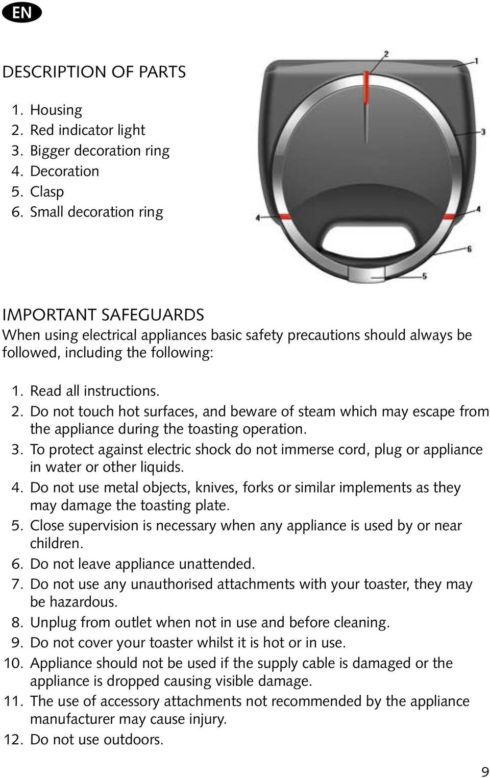 Do not touch hot surfaces, and beware of steam which may escape from the appliance during the toasting operation. 3.