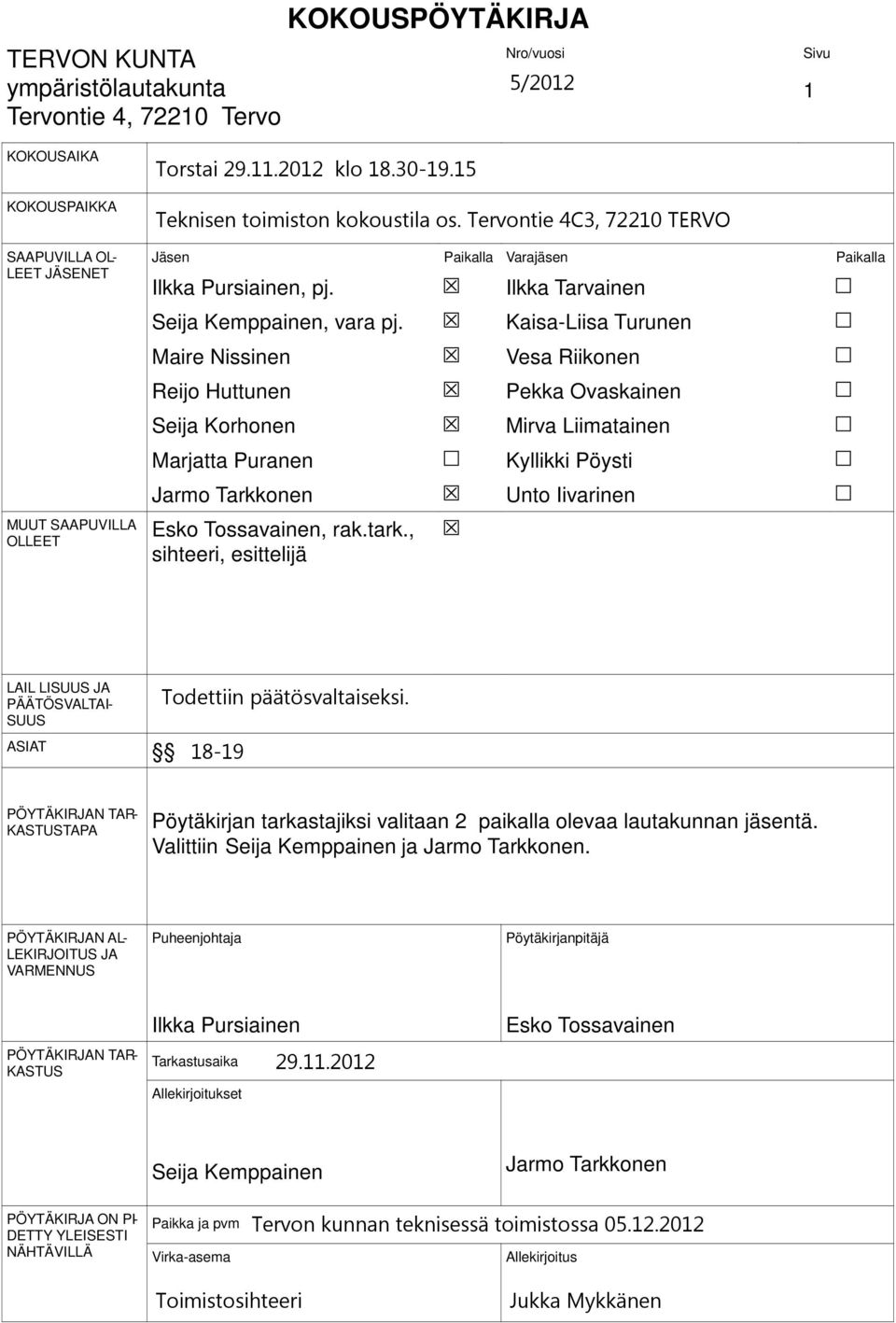 Maire Nissinen Reijo Huttunen Seija Korhonen Marjatta Puranen Jarmo Tarkkonen Esko Tossavainen, rak.tark.