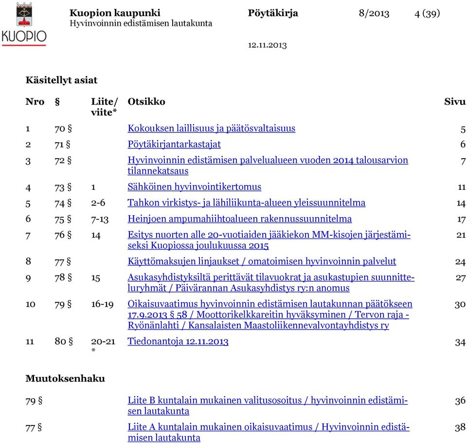 ampumahiihtoalueen rakennussuunnitelma 17 7 76 14 Esitys nuorten alle 20-vuotiaiden jääkiekon MM-kisojen järjestämiseksi Kuopiossa joulukuussa 2015 8 77 Käyttömaksujen linjaukset / omatoimisen