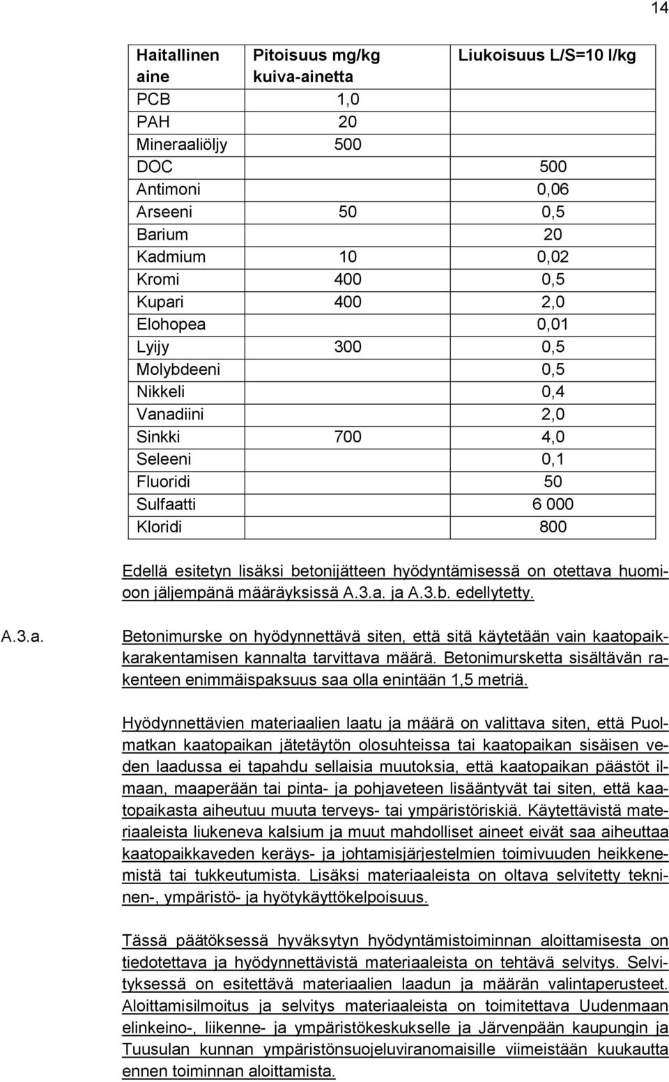 otettava huomioon jäljempänä määräyksissä A.3.a. ja A.3.b. edellytetty. A.3.a. Betonimurske on hyödynnettävä siten, että sitä käytetään vain kaatopaikkarakentamisen kannalta tarvittava määrä.