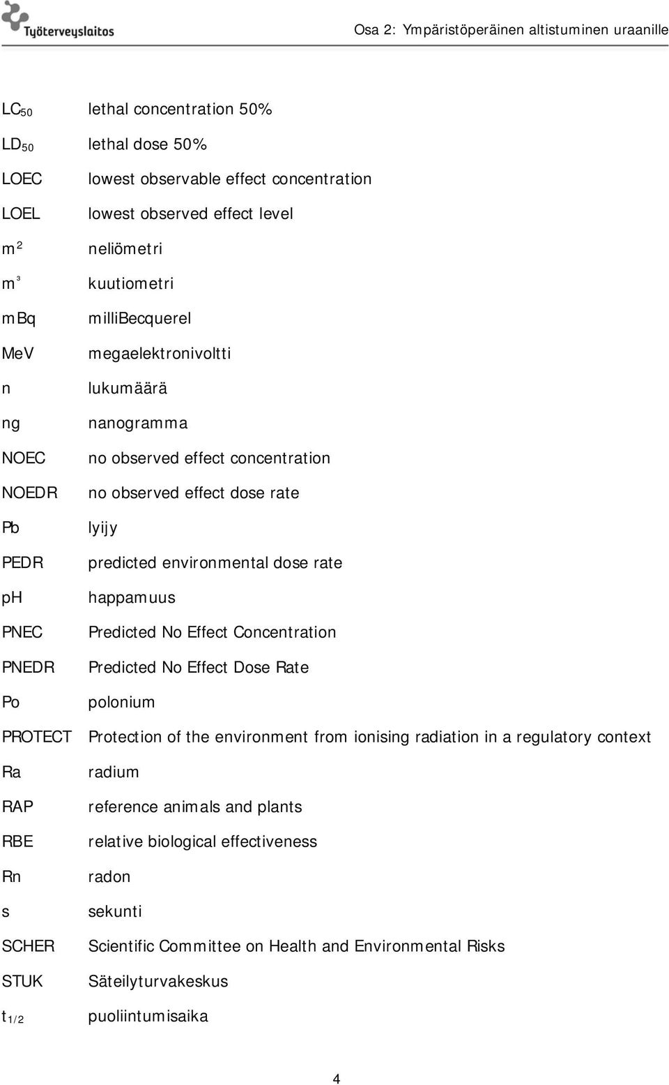 happamuus Predicted No Effect Concentration Predicted No Effect Dose Rate polonium PROTECT Protection of the environment from ionising radiation in a regulatory context Ra RAP RBE Rn s