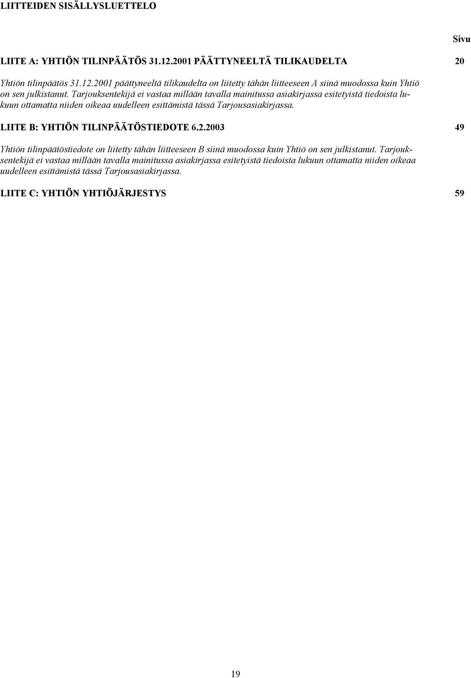 LIITE B: YHTIÖN TILINPÄÄTÖSTIEDOTE 6.2.2003 49 Yhtiön tilinpäätöstiedote on liitetty tähän liitteeseen B siinä muodossa kuin Yhtiö on sen julkistanut.