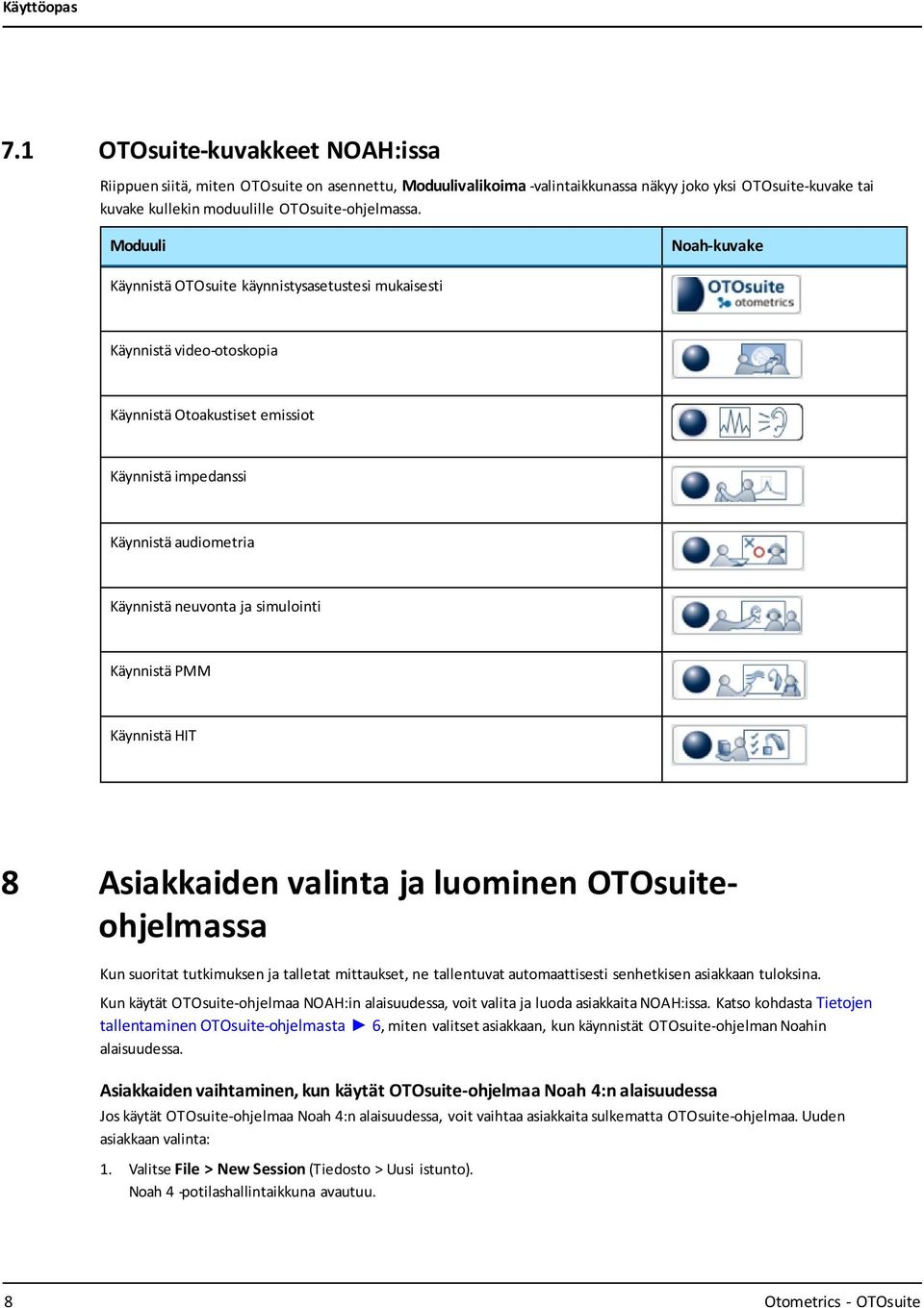 simulointi Käynnistä PMM Käynnistä HIT 8 Asiakkaiden valinta ja luominen OTOsuiteohjelmassa Kun suoritat tutkimuksen ja talletat mittaukset, ne tallentuvat automaattisesti senhetkisen asiakkaan