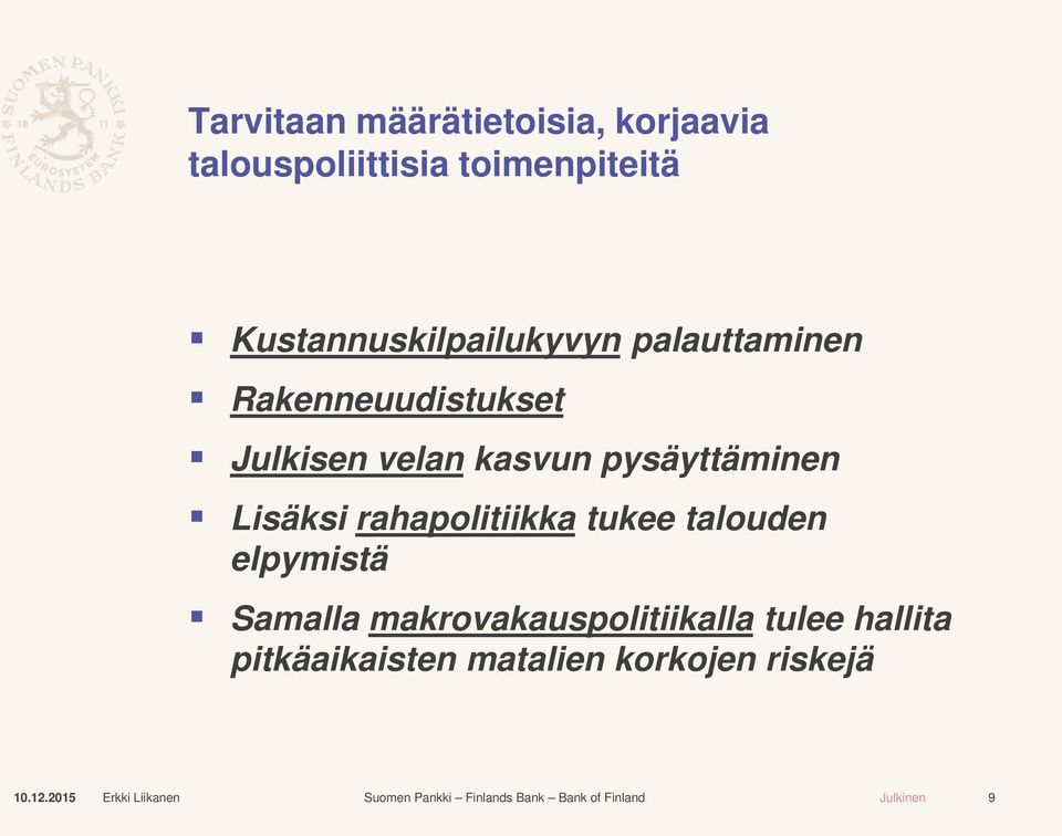 kasvun pysäyttäminen Lisäksi rahapolitiikka tukee talouden elpymistä