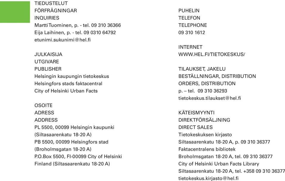18-20 A) PB 5500, 00099 Helsingfors stad (Broholmsgatan 18-20 A) P.O.Box 5500, FI-00099 City of Helsinki Finland (Siltasaarenkatu 18-20 A) PUHELI