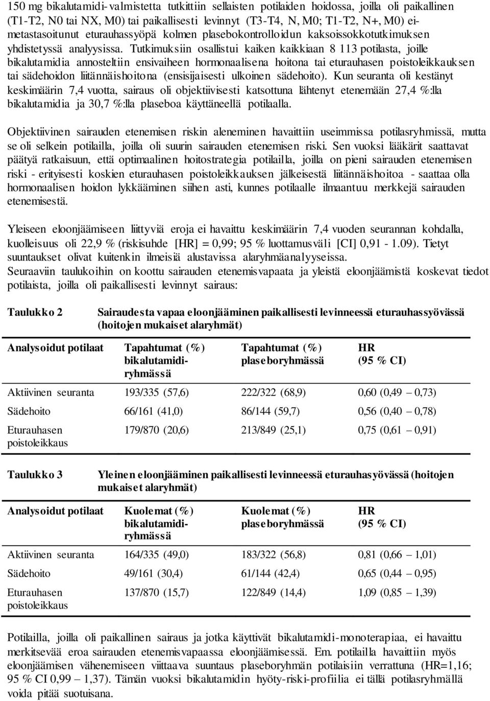 Tutkimuksiin osallistui kaiken kaikkiaan 8 113 potilasta, joille bikalutamidia annosteltiin ensivaiheen hormonaalisena hoitona tai eturauhasen poistoleikkauksen tai sädehoidon liitännäishoitona