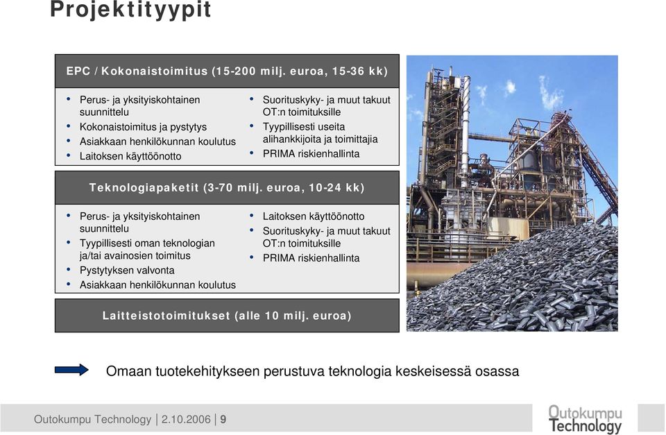 toimituksille Tyypillisesti useita alihankkijoita ja toimittajia PRIMA riskienhallinta Teknologiapaketit (3-70 milj.