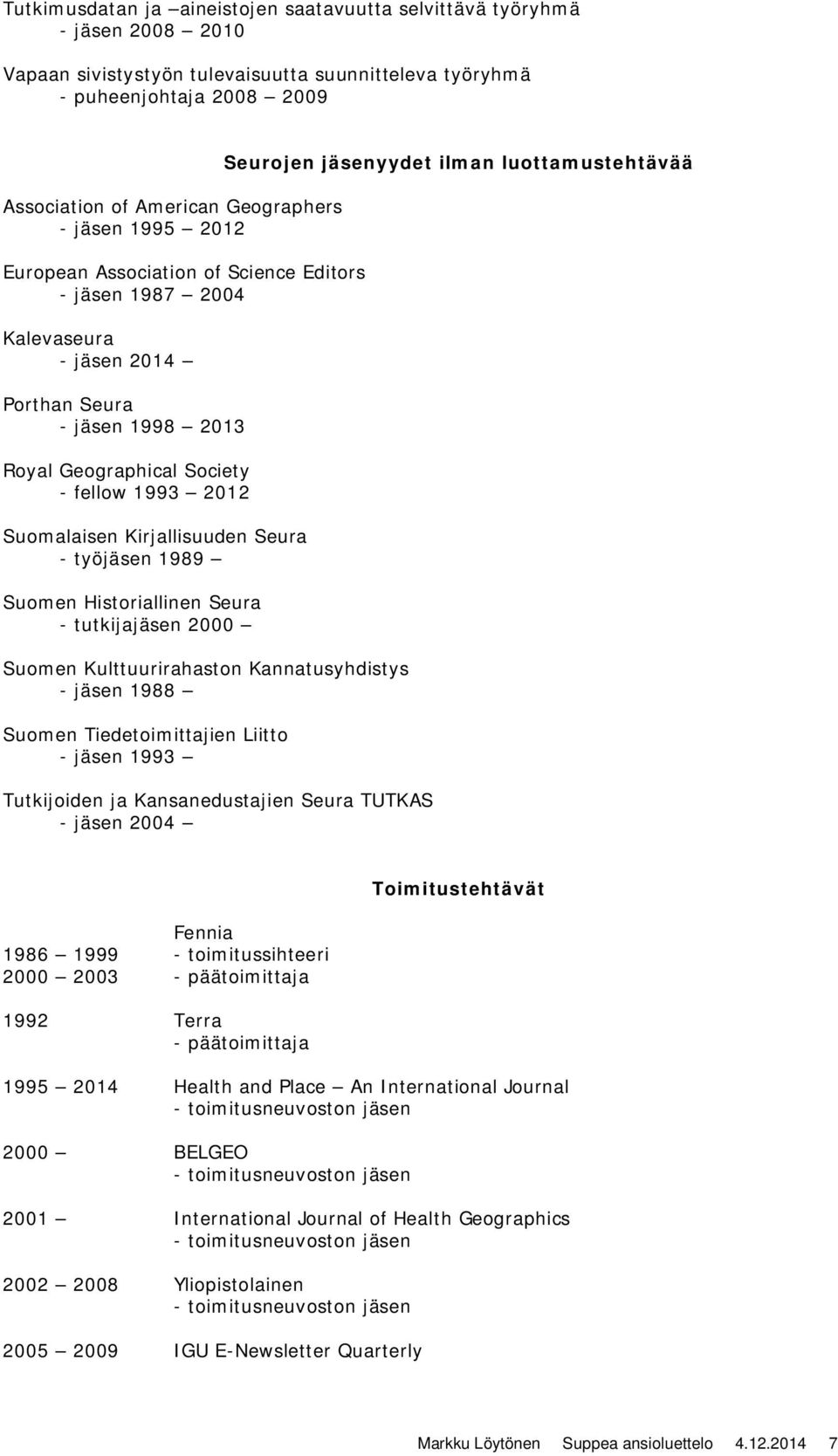 Kirjallisuuden Seura - työjäsen 1989 Suomen Historiallinen Seura - tutkijajäsen 2000 Suomen Kulttuurirahaston Kannatusyhdistys - jäsen 1988 Suomen Tiedetoimittajien Liitto - jäsen 1993 Tutkijoiden ja