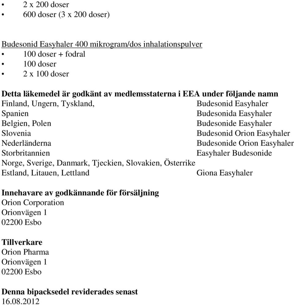Easyhaler Nederländerna Budesonide Orion Easyhaler Storbritannien Easyhaler Budesonide Norge, Sverige, Danmark, Tjeckien, Slovakien, Österrike Estland, Litauen, Lettland Giona