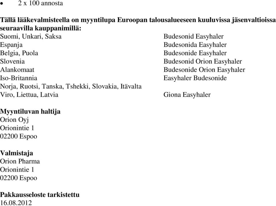 Budesonide Orion Easyhaler Iso-Britannia Easyhaler Budesonide Norja, Ruotsi, Tanska, Tshekki, Slovakia, Itävalta Viro, Liettua, Latvia Giona