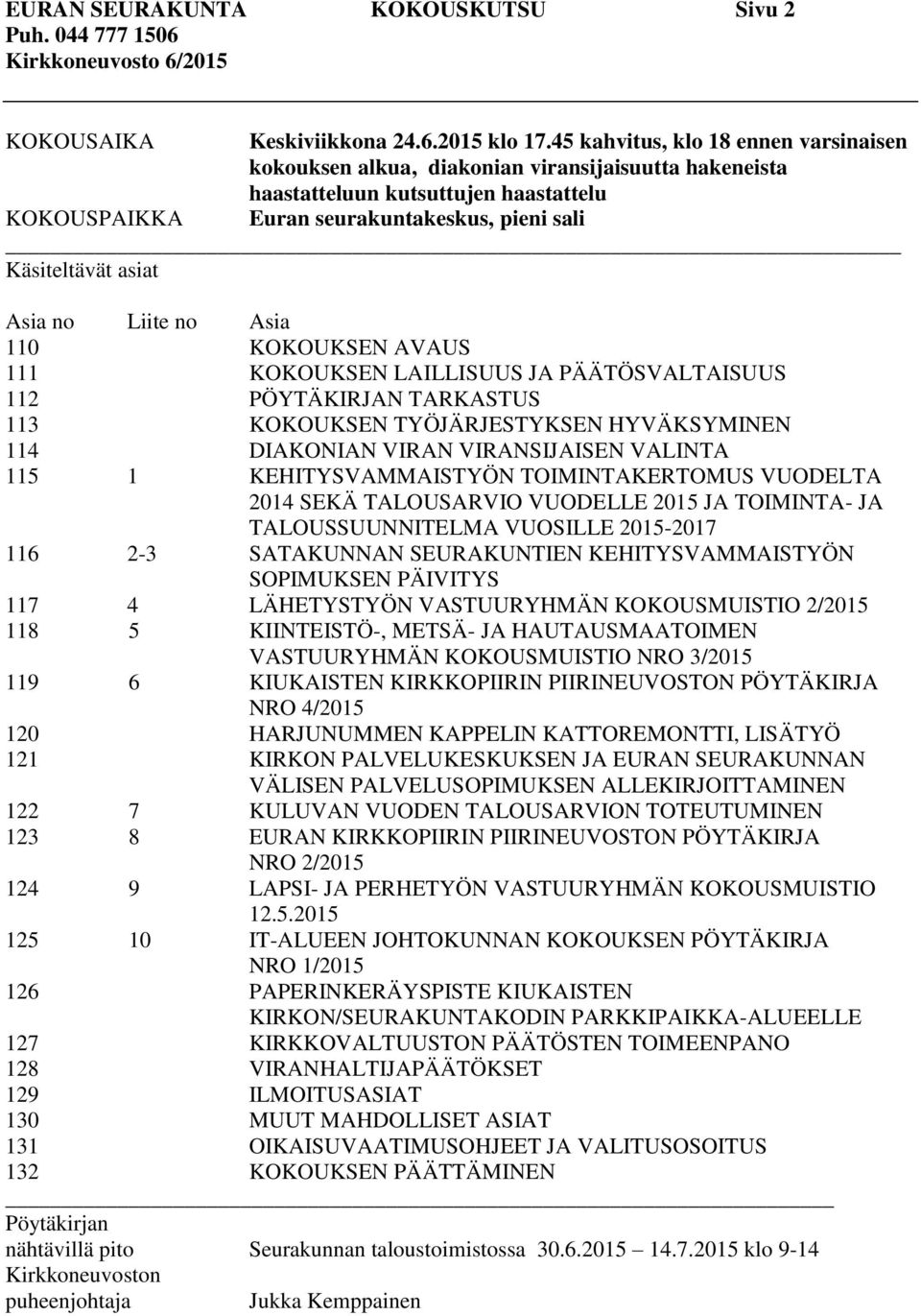 Asia no Liite no Asia 110 KOKOUKSEN AVAUS 111 KOKOUKSEN LAILLISUUS JA PÄÄTÖSVALTAISUUS 112 N TARKASTUS 113 KOKOUKSEN TYÖJÄRJESTYKSEN HYVÄKSYMINEN 114 DIAKONIAN VIRAN VIRANSIJAISEN VALINTA 115 1
